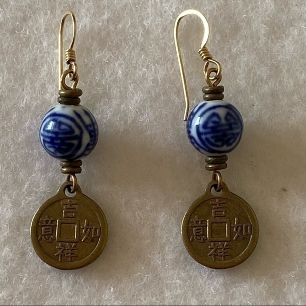 Ross-Simons gold coin China blue ceramic drop vintage earrings